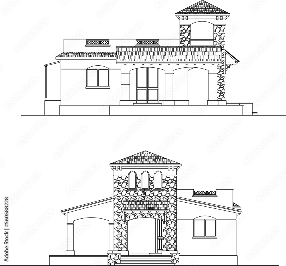 sketch vector illustration of simple classic villa in village