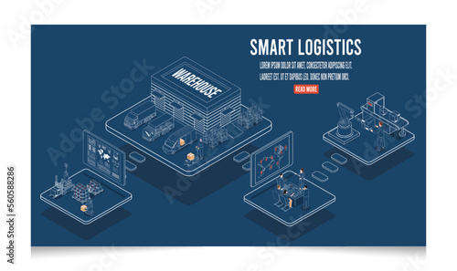 3D isometric Smart logistics concept with Warehouse Logistics and Management, Logistics solutions complete supply chain, transportation truck use wireless technoloty. Eps10 vector illustration