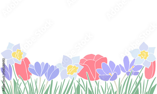 Fototapeta Naklejka Na Ścianę i Meble -  Spring flowers border with crocus, daffodils, and tulips with stems and leaves