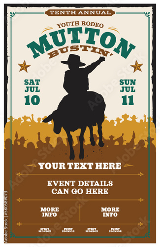 A mutton busting rodeo event poster. This is a youth rodeo event where children contestants ride bucking sheep.