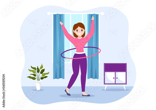 Hula Hoop Illustration with People Exercising Playing Hula Hoops and Fitness Training in Sports Activity Flat Cartoon Hand Drawn Templates