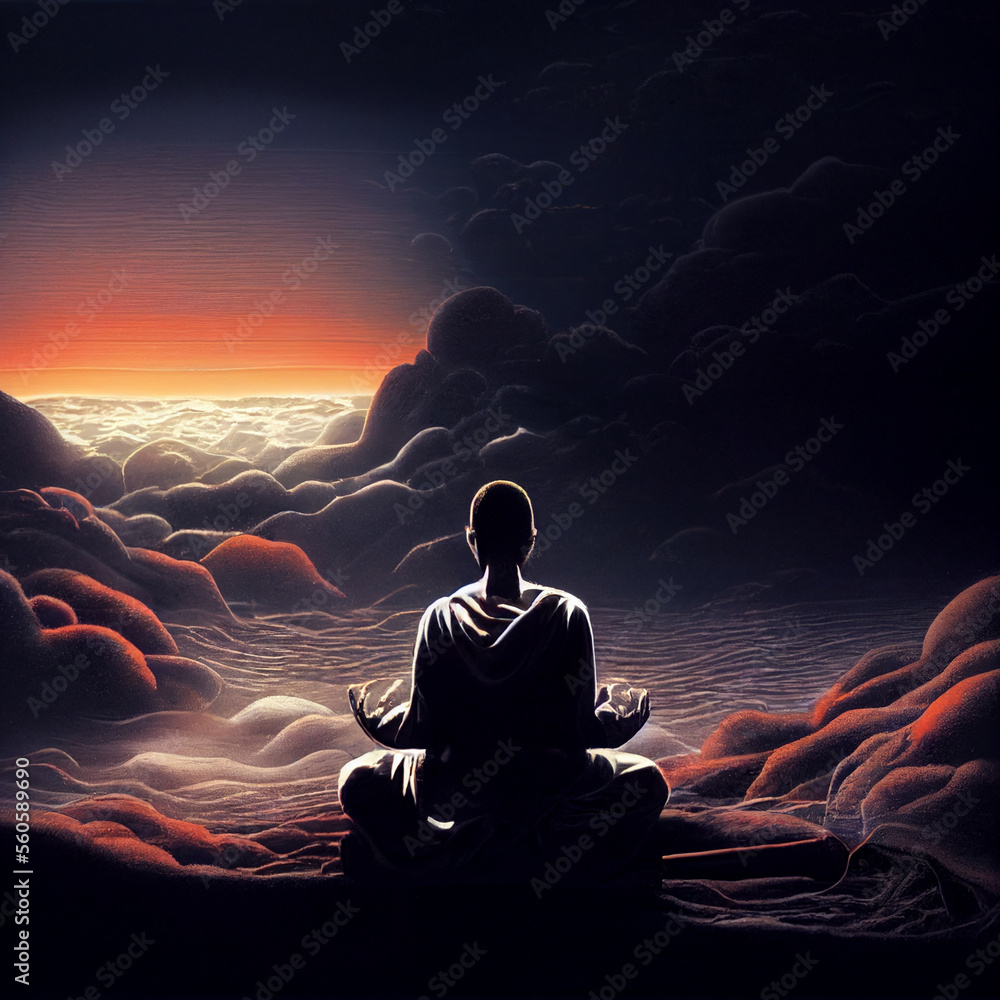 a monk meditating with a zen background
