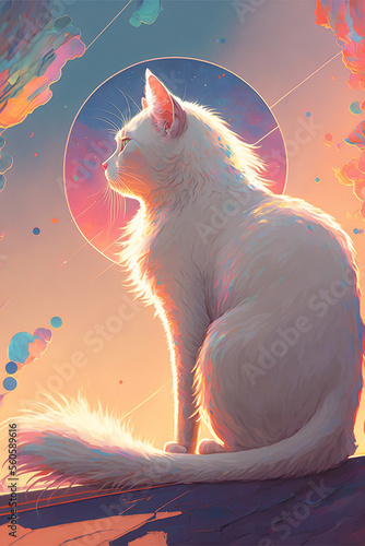 White Cat Sunrise Psychic Waves Retro © Antonieta