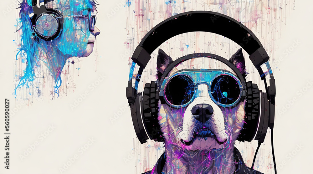 cool dog in sunglasses wearing headphones Generative AI