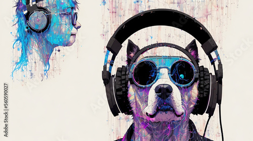 cool dog in sunglasses wearing  headphones Generative AI
