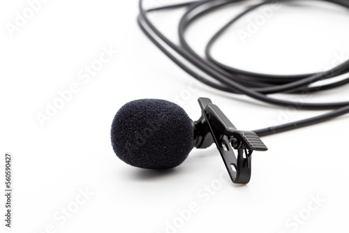 speaker small microphone close shirt arrangement flat lay style on background white  photo