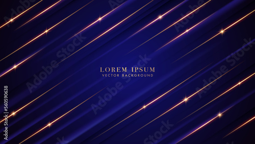 Dark blue luxury background with oblique golden lines, sparkle glow, and glitter light effect decoration. Elegant abstract vector design