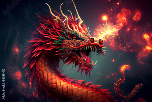 Chinese dragon with fire fireworks at celebration party background. Generative AI