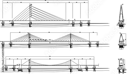 sketch vector illustration of cable bridge structure with sizes