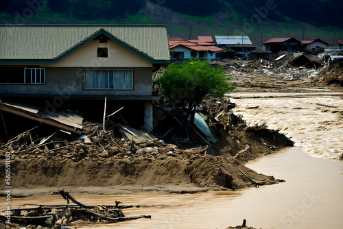 Buildings and ruins were flooded by the tsunami With Generative AI