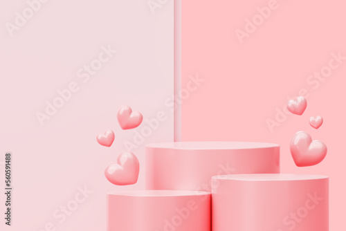 Valentine's day sale minimal pink podium with heart background 3D illustration empty display scene presentation for product placement