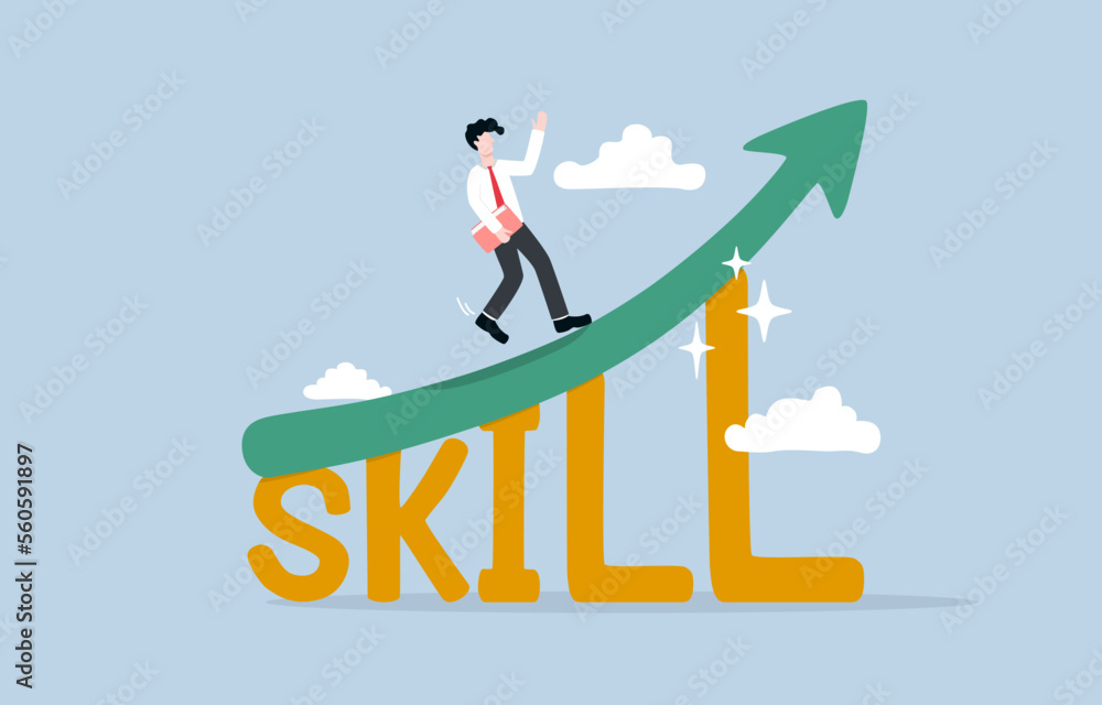 Skill development for career growth, aspiration to being more professional at work concept, businessman stepping up on growing graph over word skill.