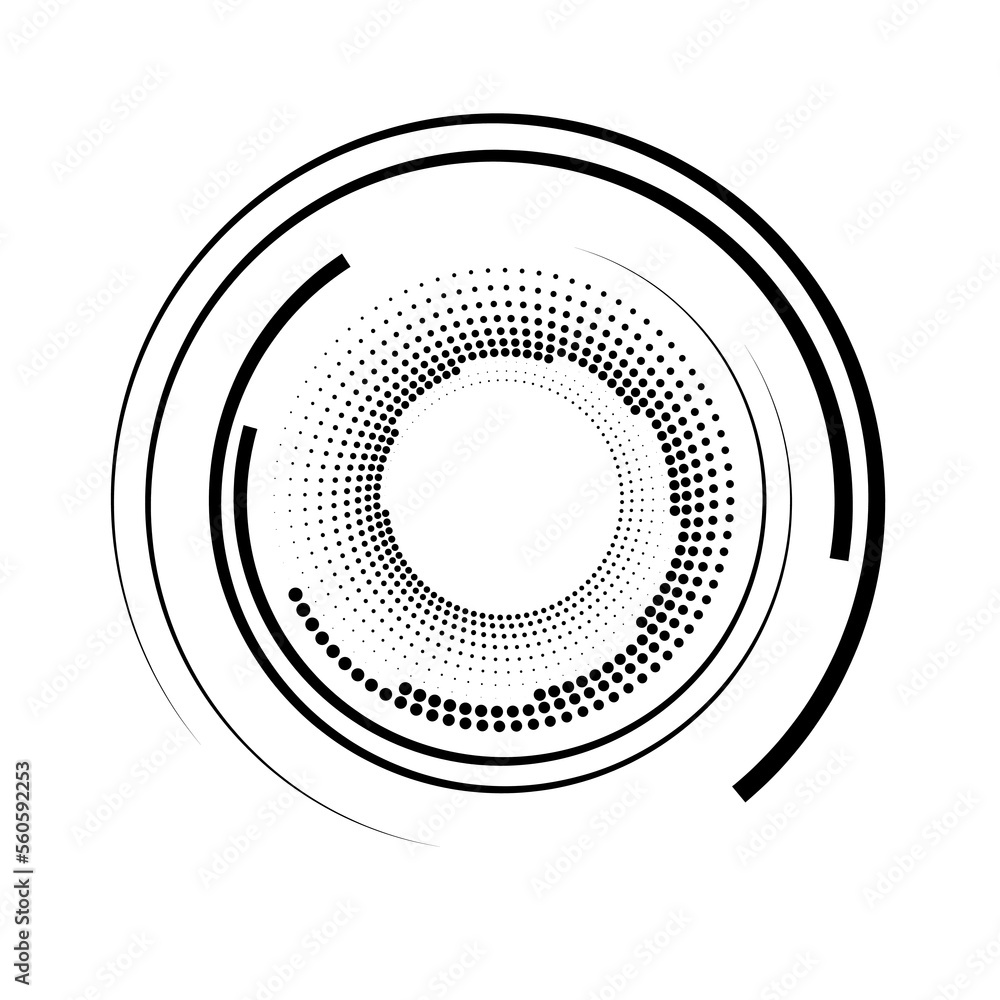 Black halftone dots and speed lines in round form. Geometric art. Design element for border frame, round logo, tattoo, sign, symbol, badge, emblem, social media, prints, template, pattern, backdrop