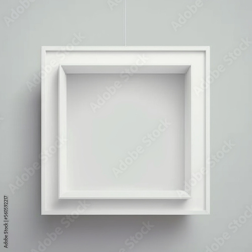 An empty white frame hangs on a white concrete wall, generative ai