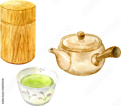 緑茶と急須と茶筒の水彩イラスト　ベクター