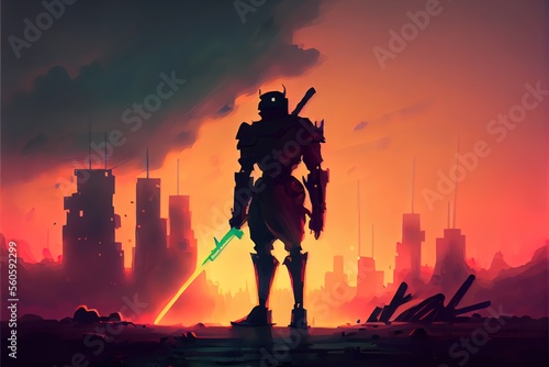 A robot with a glowing sword