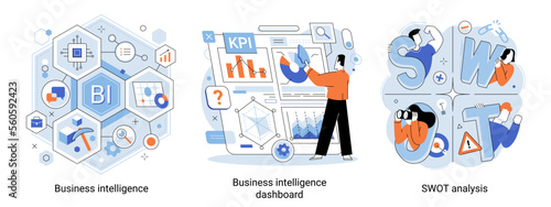Business intelligence, business data management, swot analysis, market research flat vector set. Enterprise strategy development. Analytics information and working statistics, strategic planning