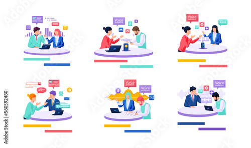 Voice assistant. Smart speaker virtual assistant, sound robot, people using voice controlled smart speaker. Voice activate digital assistant identification control contactless mobile device microphone