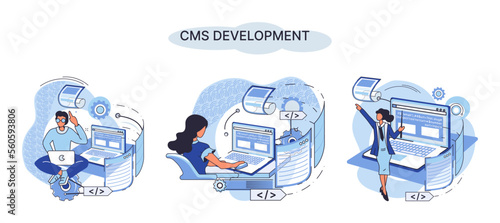 Digital content management system, CMS development software metaphor. Information system or computer program enable organize collaborative process of creating, editing and managing soft in network