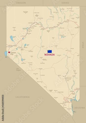 Road map of Nevada, US American federal state. Editable highly detailed transportation map of Nevada with highways and interstate roads, rivers and cities vector illustration