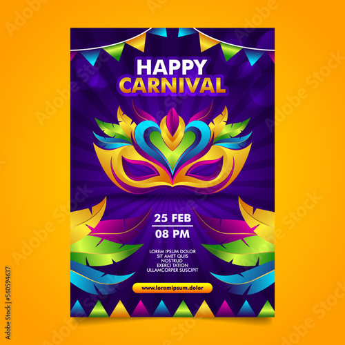 Happy Brazilian carnival flyer Design with colorful carnival mask and decorative elements