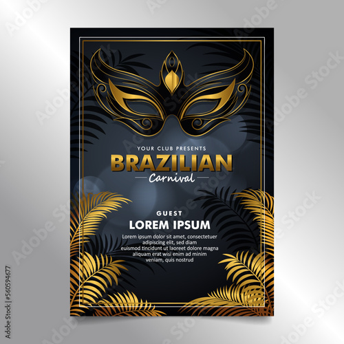 Luxury brazilian carnival flyer poster design with dark golden carnival mask and palm leaves