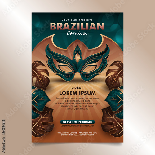Elegant Carnival Brazilian Festival Flyer with decorative carnival mask and monstera leaves