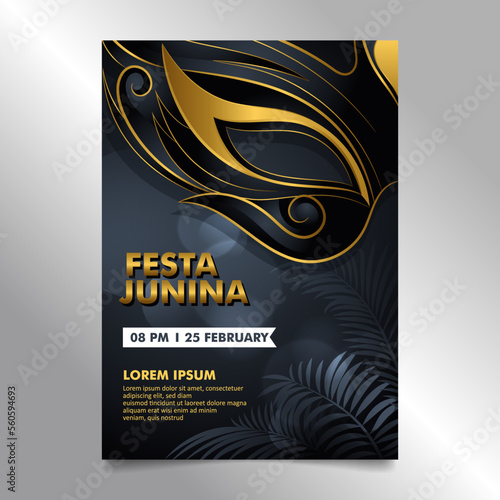 Luxury Brazilian Festival Festa Junina flyer Design with dark golden carnival mask