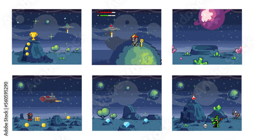 Retro computer games level. Pixel art video game scene 8 bit warrior character collects weapons and skulls. Gaming pixelated platform arcade level. Pixels gaming fantasy space landscape background