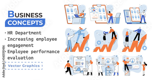 HR department work scenes set, qualified employee responsible for formation of human resources in organization. Specialist engaged in selection, adaptation, dismissal, development of personnel