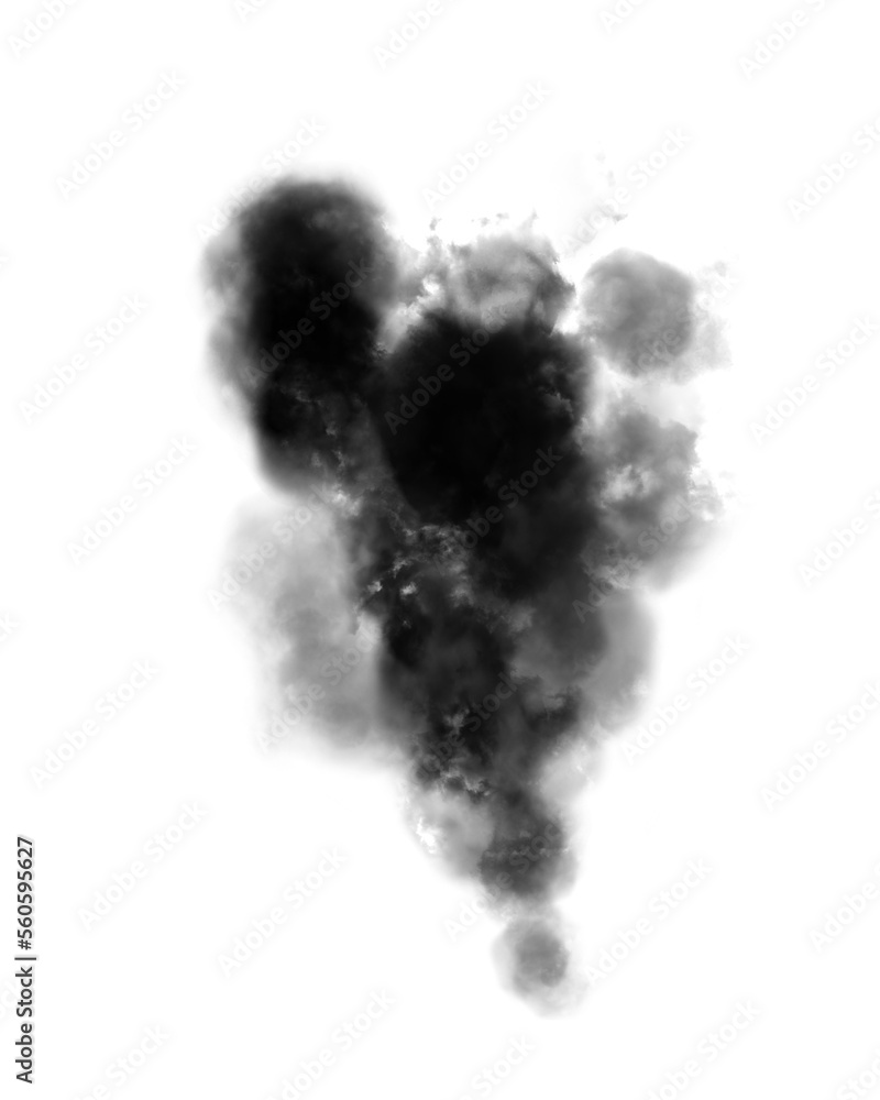 Abstract black puffs of smoke swirl overlay on transparent background pollution. Royalty high-quality free stock PNG image of abstract smoke overlays on white backgrounds. Black smoke swirls fragments