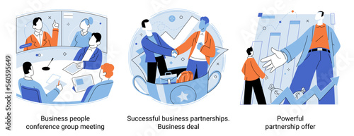 Business people conference group meeting, powerful partnership offer, successful deal set. Teamwork cooperation. Man and woman shaking hands achievement in deal. People colleagues corporate for work