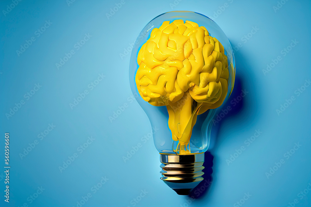 yellow brain on blue clear background yellow brain on blue clear background, concept light bulb idea yellow brain on blue clear background yellow brain on blue clear background, concept light bulb idea