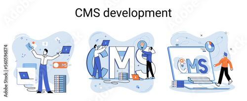 Digital content management system, CMS development software metaphor. Information system or computer program enable organize collaborative process of creating, editing and managing soft in network
