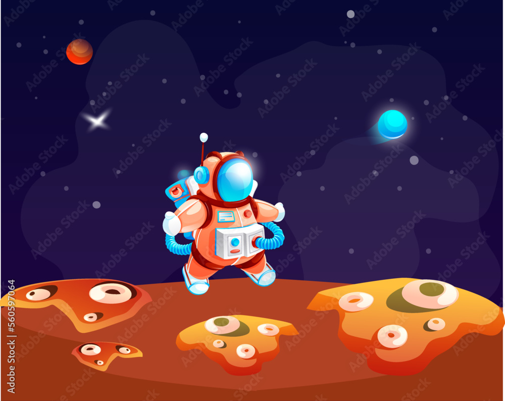 Naklejka premium Astronaut in outer space in spacesuit walks on planet concept. Game location cosmic area background. Futuristic alien planet landscape and cute vector cartoon cosmonaut spaceman in cosmos area