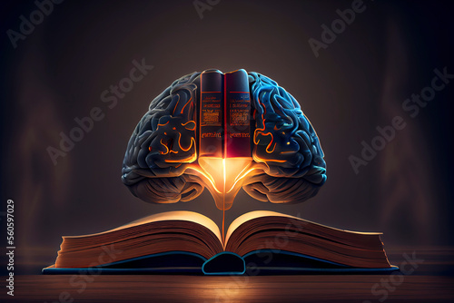 Glowing and shining brain lightbulb over an open book with a bookshelf as background