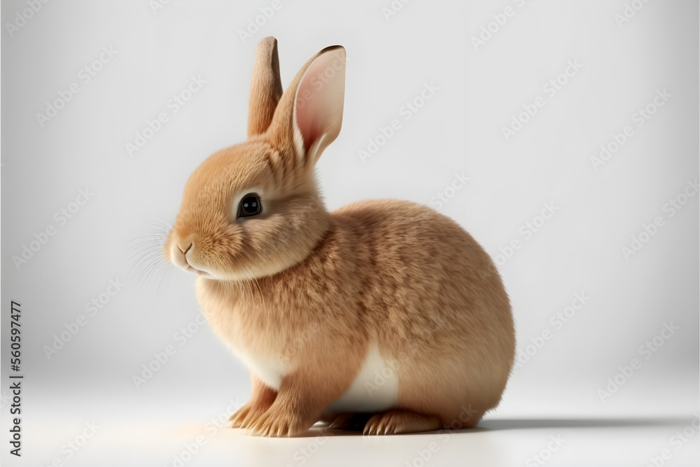 Cute white and brown rabbit sitting infront of t isolated plain white background
