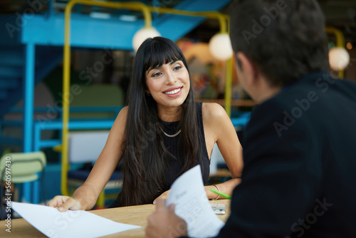 Fotografie hr recruitment officer holding resume at job interview, considering employee can