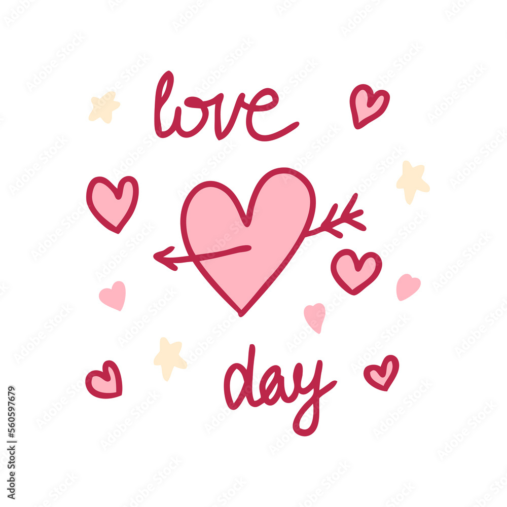 Heart with arrow Love day slogan print. Perfect for sticker, card, tee. Doodle vector illustration for decor and design.