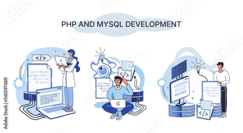 PHP and MySql development metaphor. Software website developer with computer, programmer service, open source general purpose programming language. Scripting web applications allows to create programs