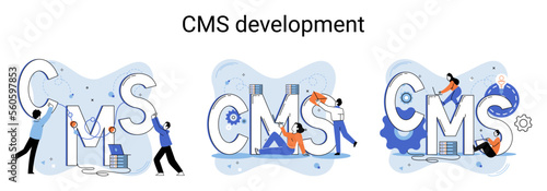 Digital content management system, CMS development software metaphor. Information system or computer program enable organize collaborative process of creating, editing and managing soft in network