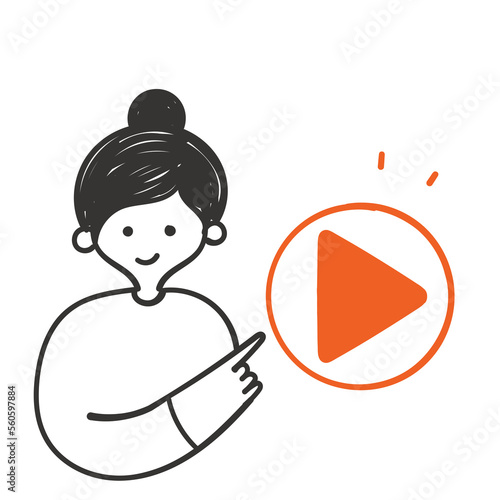 hand drawn doodle person showing and push play button illustration vector