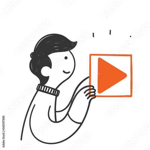 hand drawn doodle person showing and push play button illustration vector