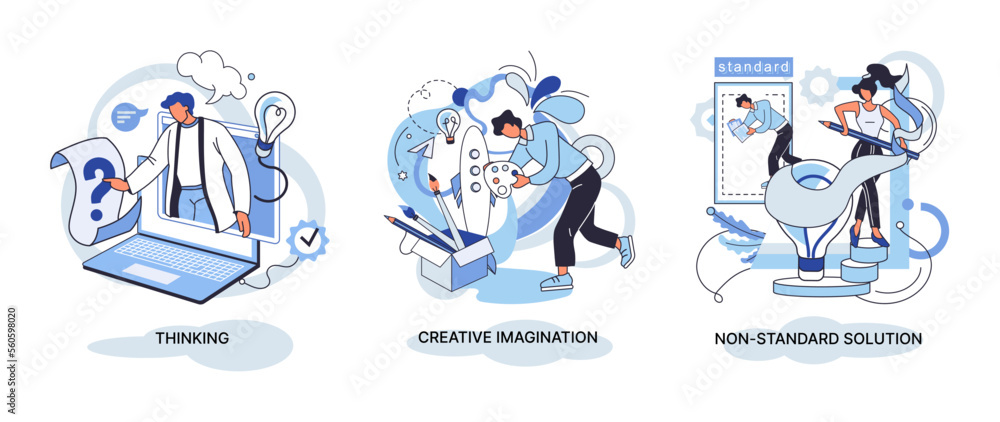 Fototapeta premium Creative thinking. People with different mental mindset types or model creative. Imaginative logical and structural thinking. MBTI person metaphor. Non standart solution. Brain think people solve idea