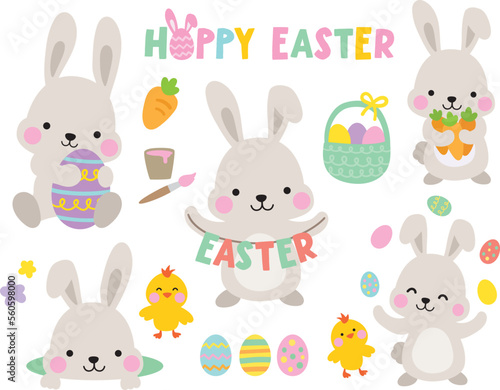 Cute grey Easter bunny rabbits with baby chicks and Easter eggs vector illustration.