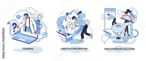 Creative thinking. People with different mental mindset types or model creative. Imaginative logical and structural thinking. MBTI person metaphor. Non standart solution. Brain think people solve idea