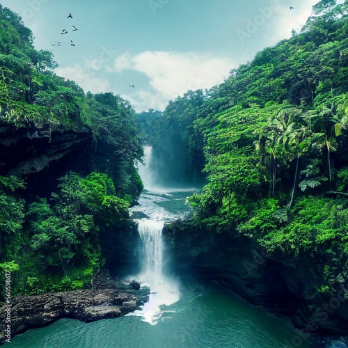 Water fall over ravine with tropical trees
