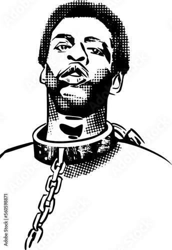 black and cartoon illustration of an African slave person in chains on a background