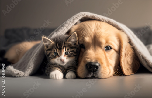 Friendship of puppy and kitten - golden retriever puppy and kitten cuddling under a blanket cuddle