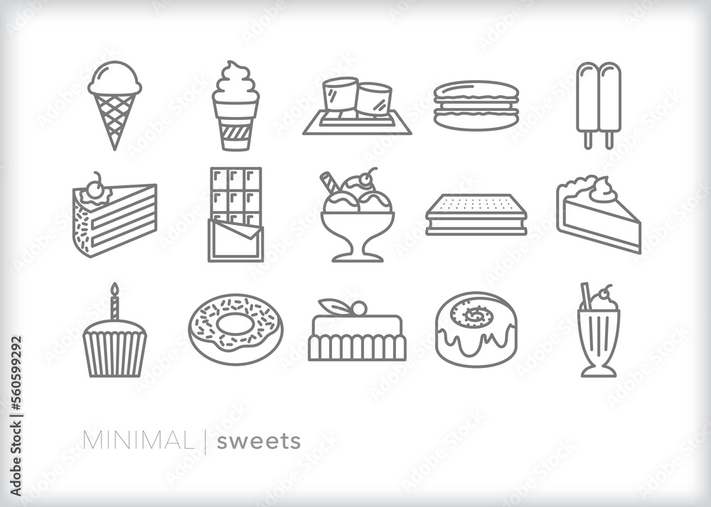 Set of pastry and dessert line icons of sweet items found at a bakery or restaurant